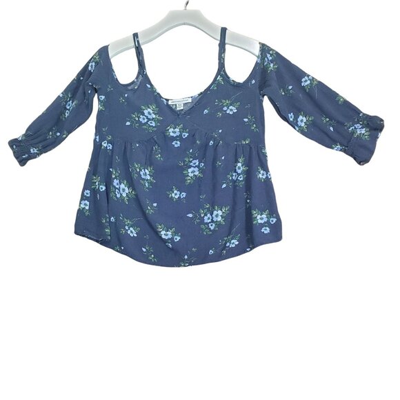 AMERICA‎ EAGLE Womens Top XSmall Cold Shoulder Floral Long Sleeve Blue Ruched - Picture 2 of 9